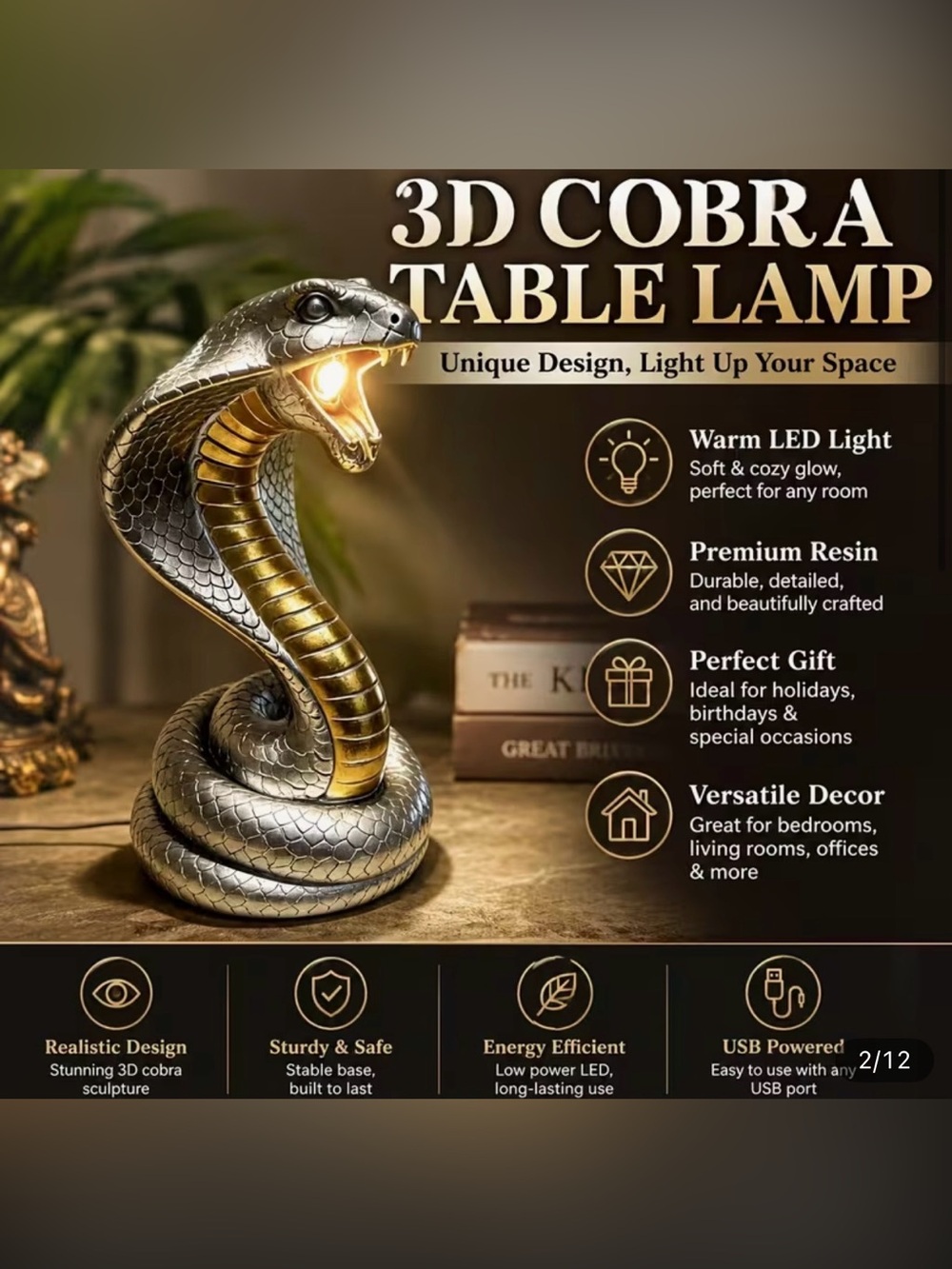New Unique LED Snake Shaped
Sculpture Light King Cobra Silver Gold
Room Decor